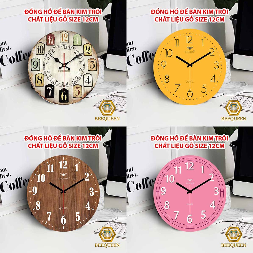 Đồng Hồ Tròn Để Bàn Bằng Gỗ Decor Trang Trí Nhà Cửa, Bàn Làm Việc, Bàn Học Tập, Máy Kim Trôi Yên Tĩnh, Kích Thước 12cm