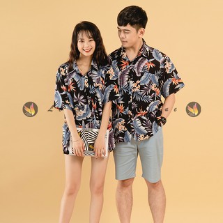 Áo sơ mi đôi nam nữ/ unisex hoa lá hawai đi biển - smt10-d