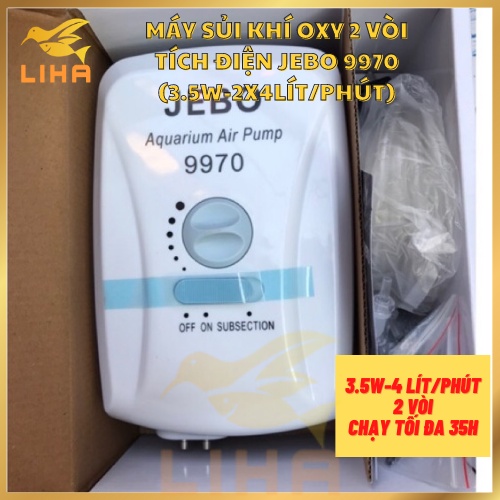 Máy Sủi Khí Oxy 2 Vòi Tích Điện Jebo 9970 (3.5W-2x4Lít/Phút) Cho Hồ Cá - Dự Trữ Điện Năng Phòng Cúp Điện