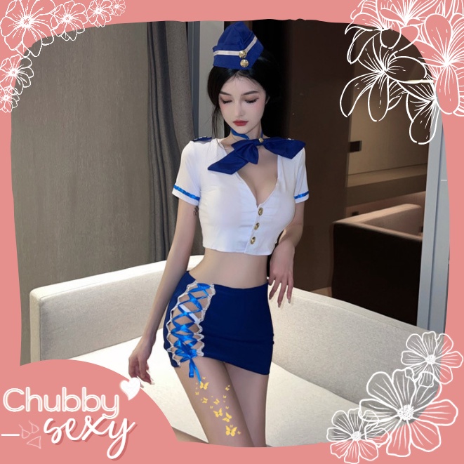 Cosplay Tiếp Viên Hàng Không Set Đồ Lót Cơ Trưởng Chuyến Bay Váy Đan Dây Kèm Nơ Và Mũ Sexy Quyến Rũ - CPL50- Chubby.Sexy | BigBuy360 - bigbuy360.vn