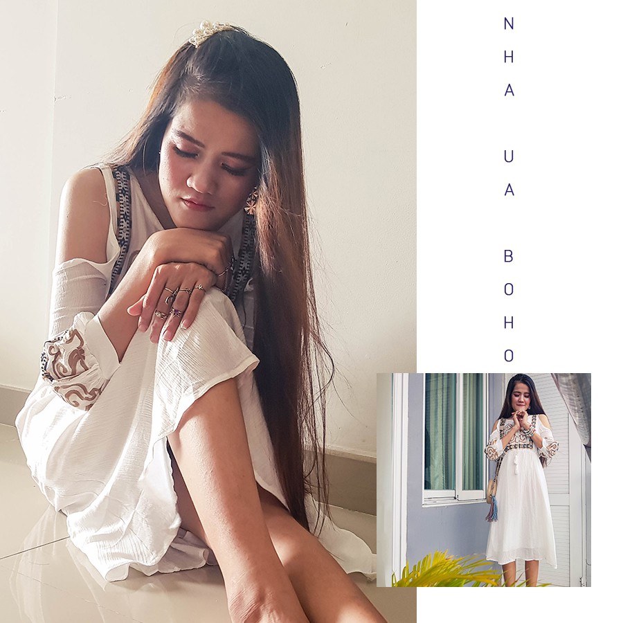 Đầm boho trắng thuê hoạ tiết xinh xắn
