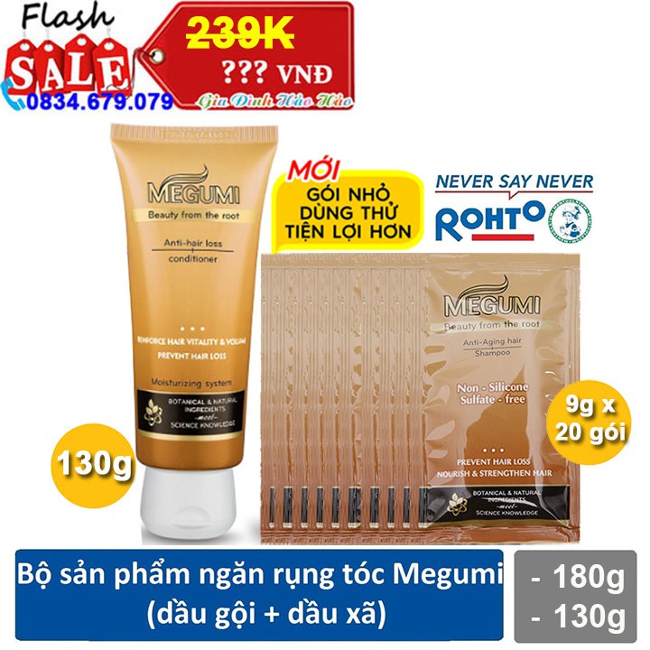 [CLEARANCE SALE] Bộ sản phẩm ngăn rụng tóc Megumi - Dầu gội 20 gói x 9g + Dầu xả 130g