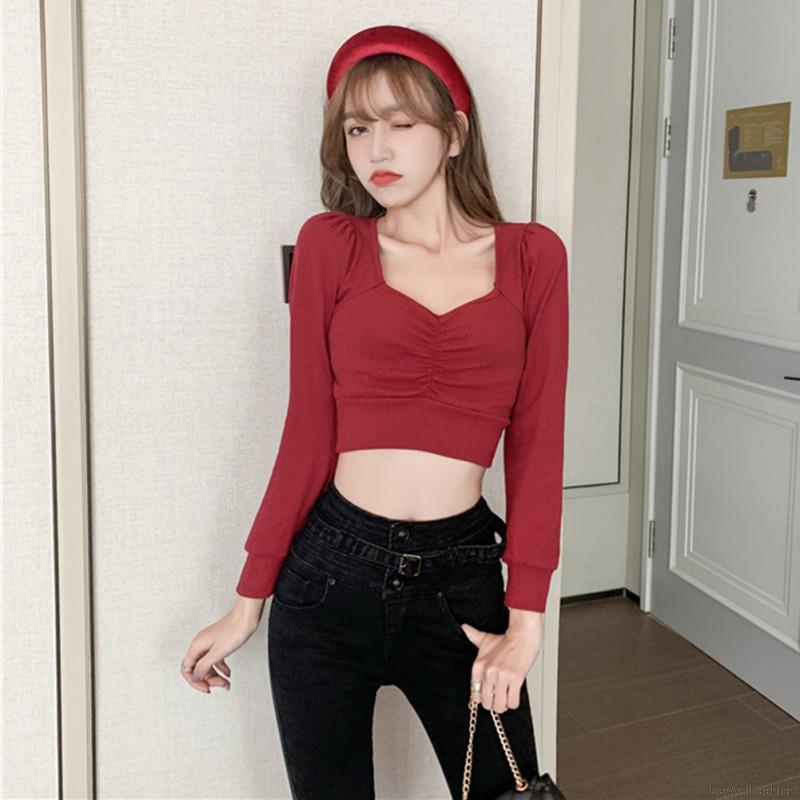 [Baywellfashion]Retro Square Collar Elastic Tight  Long Sleeve Crop Tops | BigBuy360 - bigbuy360.vn