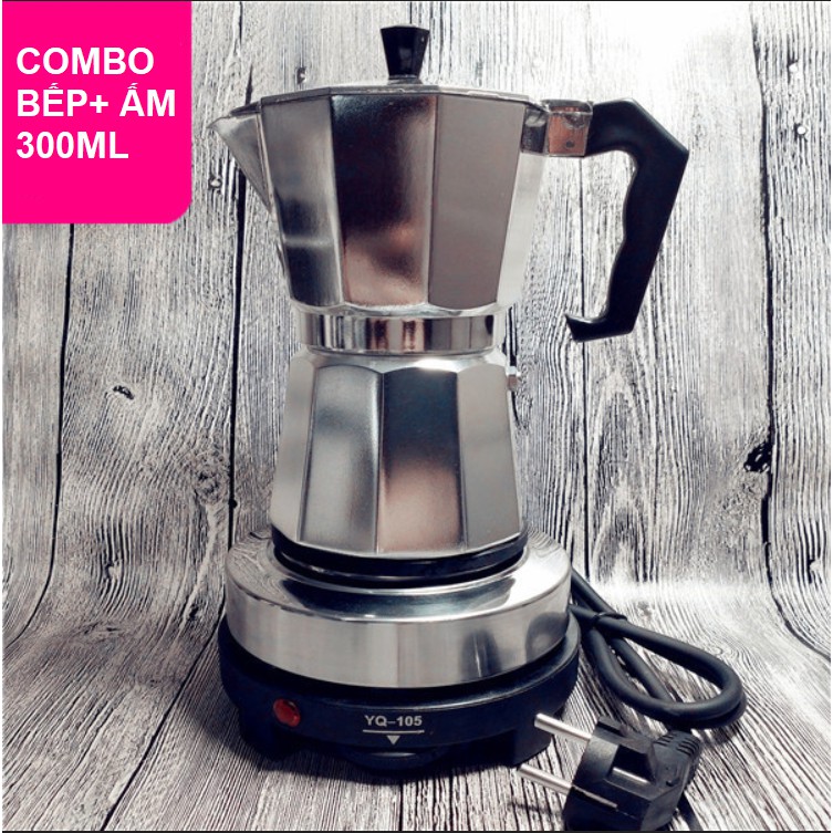 Combo bình pha cà phê moka pot express 300 ml 6 tách kèm bếp điện