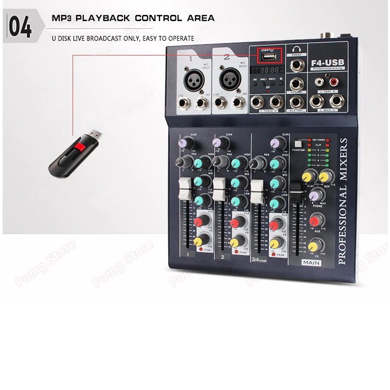 Bộ Mixer Âm Thanh Hát Live, Thu Âm, Điều Khiển Trộn Âm Thanh Bluetooth F4-USB (Bản Mới Nâng Cấp)