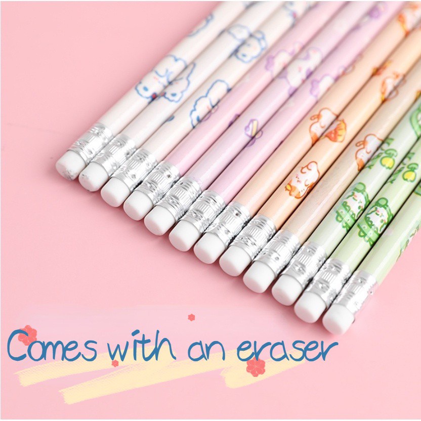 Hộp 10 bút chì HB RUIXIANG họa tiết hoạt hình dễ thương kèm cục tẩy cao su tiện dụng cho học sinh
