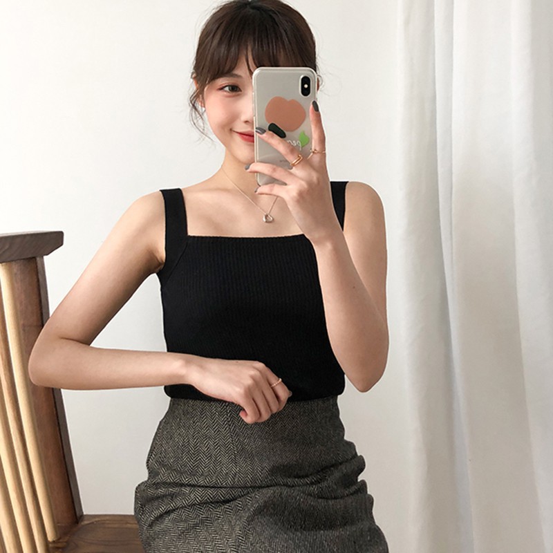 Áo Dệt Kim Nữ Sát Nách Cổ Vuông Màu Trơn Gợi Cảm