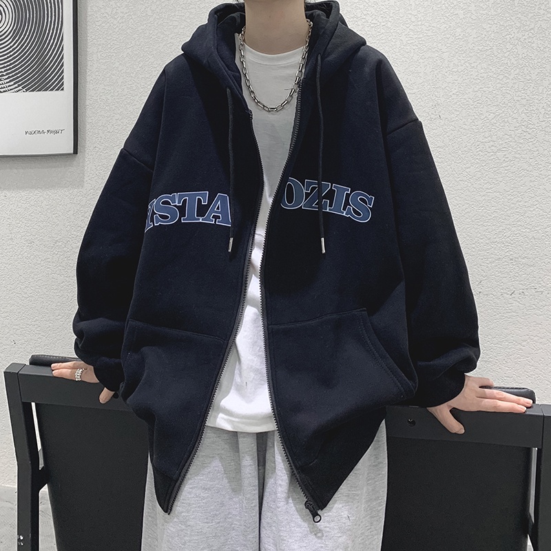 Áo khoác cardigan thể thao dây khóa kéo có mũ trùm phối nhung thời trang xuân thu phong cách cổ điển kiểu Mỹ cho nam
