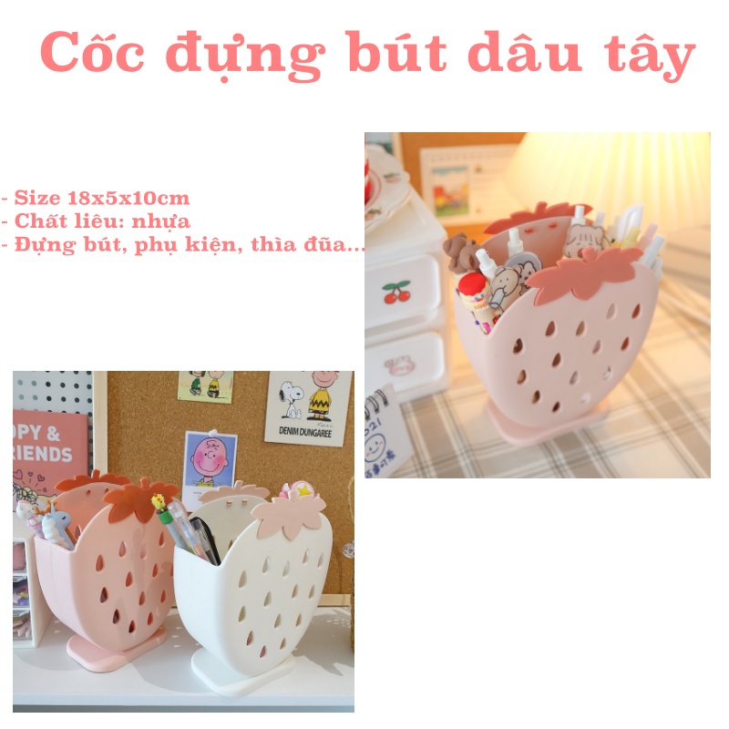 Hộp đựng bút hình dâu tây, cốc nhựa đựng mỹ phẩm đa năng decor để bàn dạng lỗ đan URI DECOR