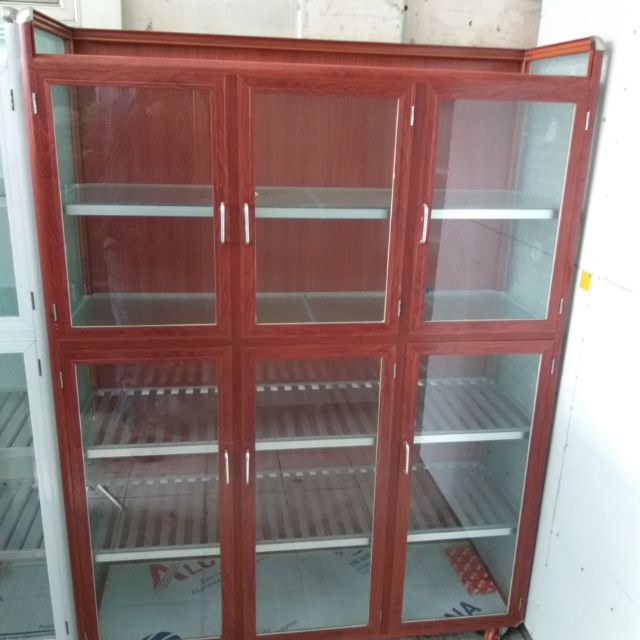 Tủ nhôm kính chén bát loại to, nhôm vân gỗ đỏ