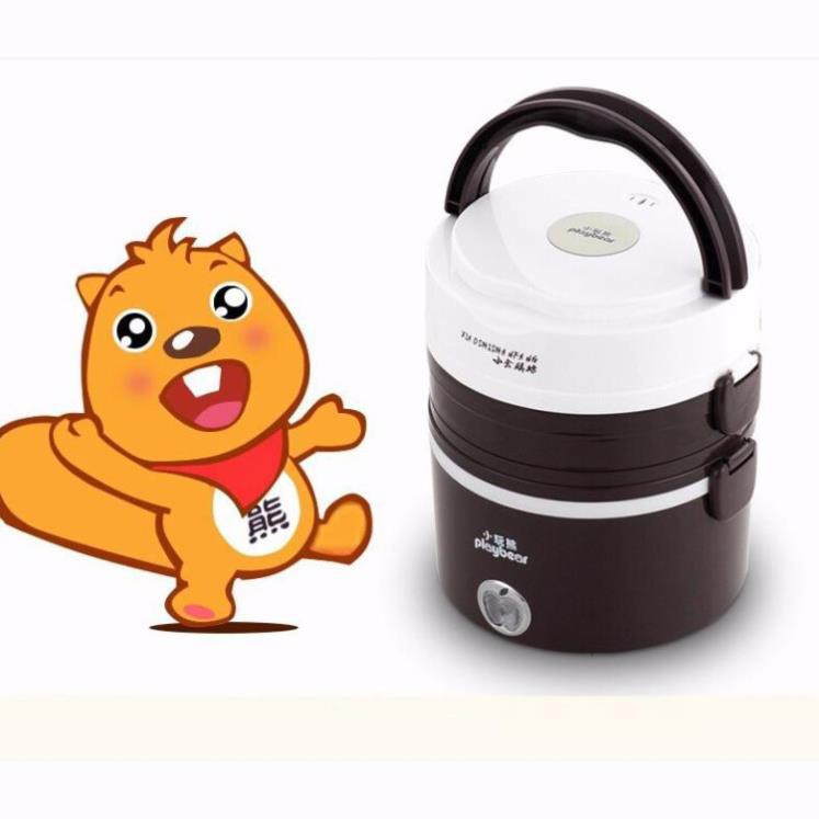 Hộp cơm hâm nóng cắm điện 3 tầng inox Playbear DFH2019 mầu nâu - ĐỒ GIA DỤNG NHÀ BẾP ĐẸP