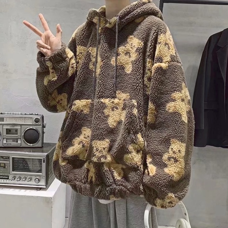 Áo Hoodie Len Lông Cừu Tay Dài Dáng Rộng In Hoạ Tiết Hoạt Hình Dành Cho Nam