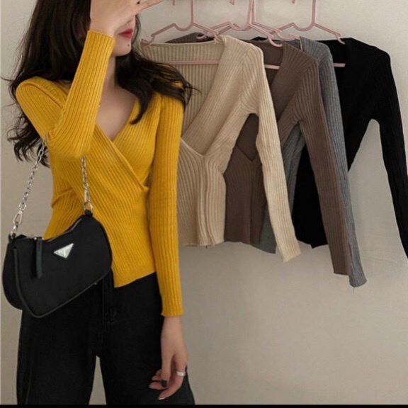Áo Len Gân Tay Dài Cổ Chữ V Dáng Ôm Với 5 Màu Kiểu Dáng Hàn Quốc Xinh Xắn