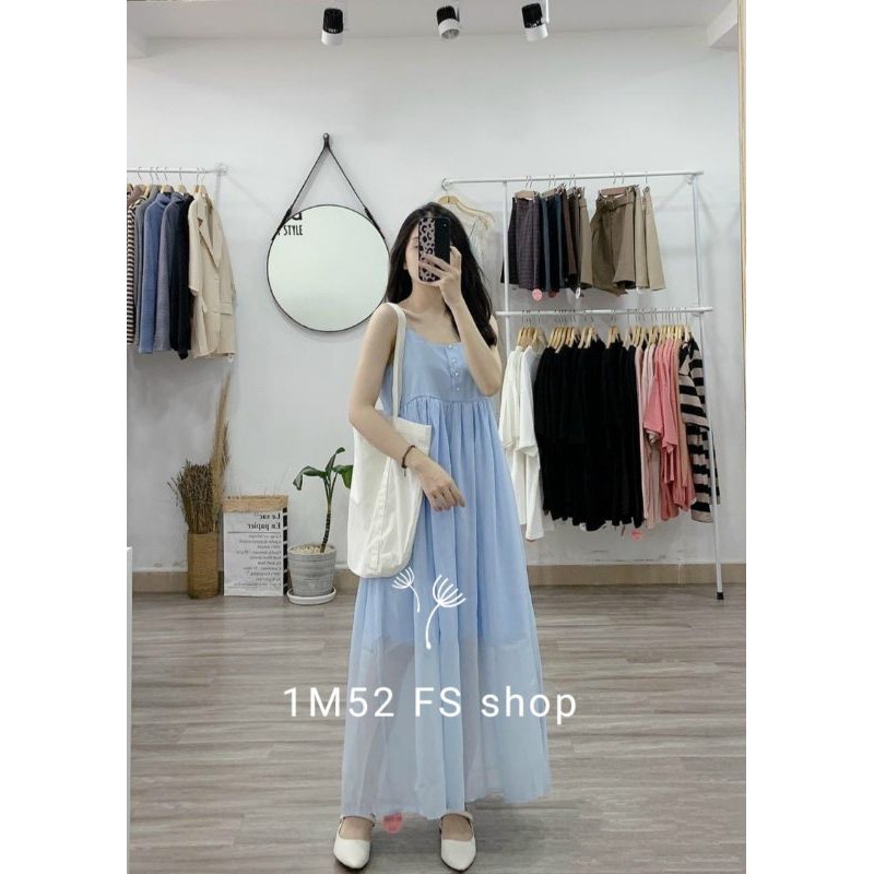 Đầm MAXI 2 dây Baby Doll Xanh có nút trầy dọc giữa