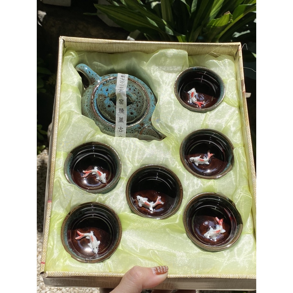 Bộ ấm chén uống trà 7 món chất liệu sành sứ tráng men