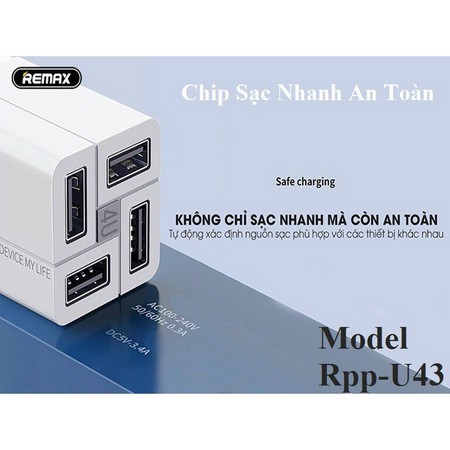 [GIÁ HỦY DIỆT] - Cốc sạc Củ sạc REMAX RP-U43 nhanh 4 cổng CHỐNG CHÁY NỔ 3.4A - SẠC NHANH Quick Charge 3.4A