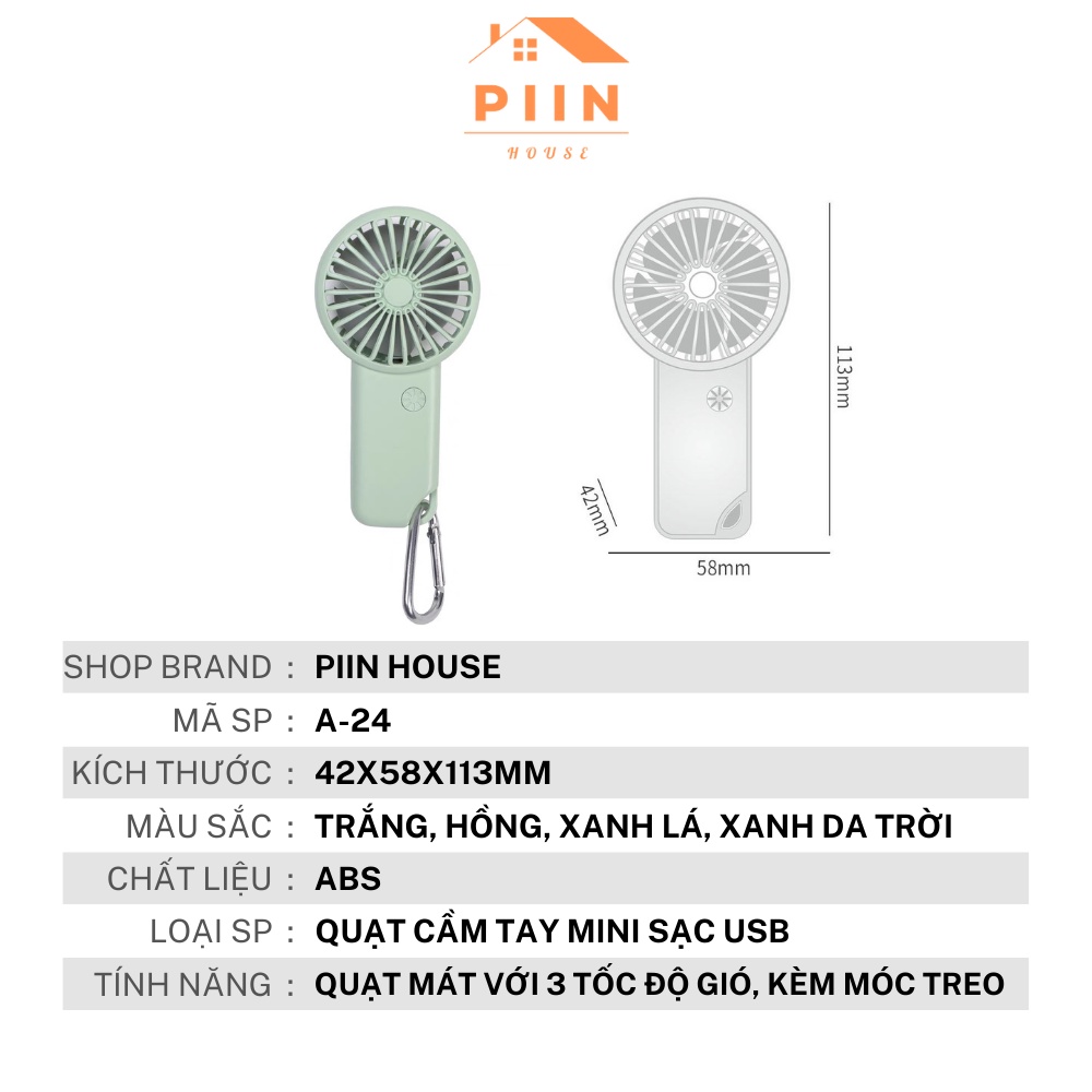 Quạt mini cầm tay sạc USB tặng kèm móc treo túi balo với 3 tốc độ gió - PIIN HOUSE