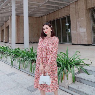 Đầm suông hoa nhí nhún chỉ tay phồng