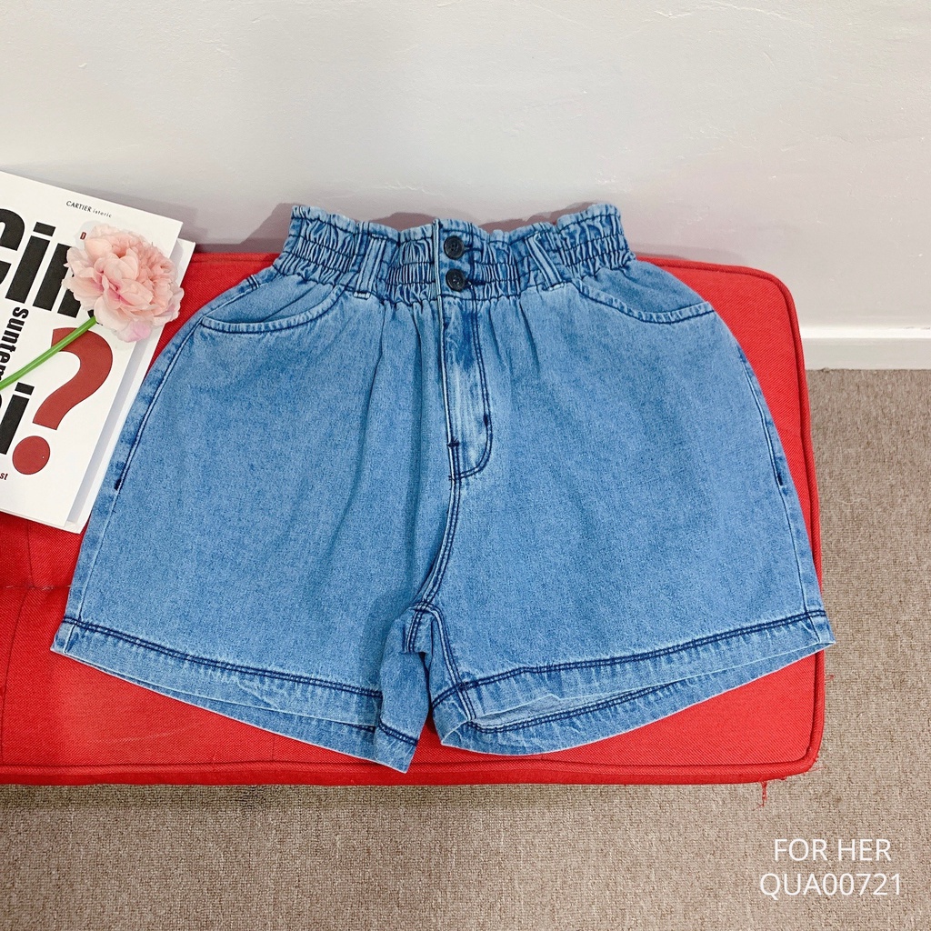Quần short jean nữ lưng thun 2 nút cạp cao ống rộng QUA0072