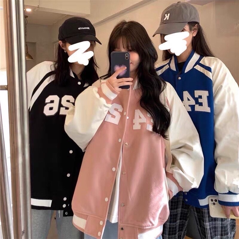 Áo Khoác Bomber Jacket Tay Da Varsity F426 Màu Xanh Hồng Đen Oversize