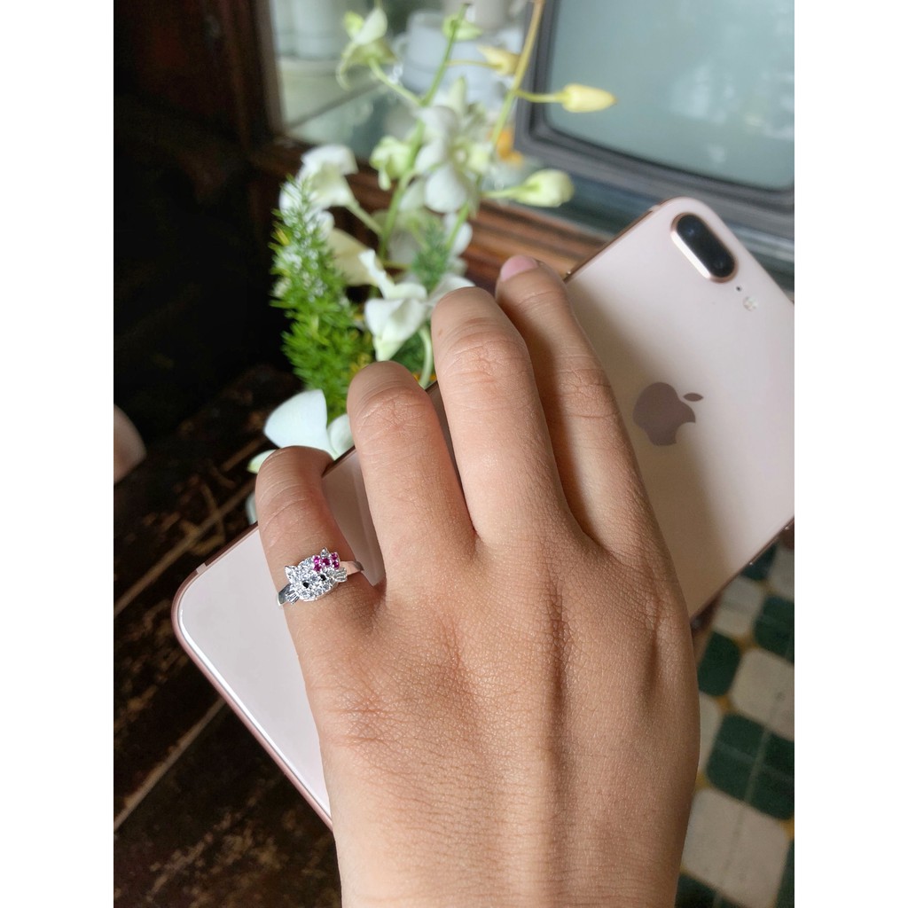 Nhẫn Bạc Nữ Hello Kitty Đính Cườm ảnh thật