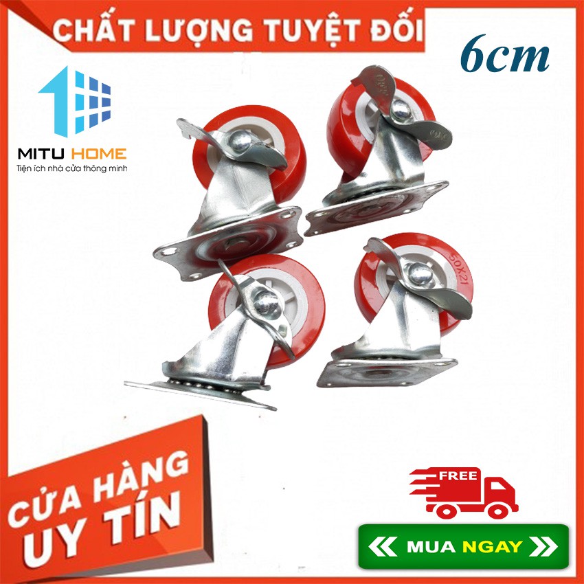 Bộ 4 bánh xe đẩy hàng xoay 360 độ, có khóa trượt loại 6cm nhóm màu viền đỏ - MITUHOME - Chế tạo cơ khí, làm xe đẩy