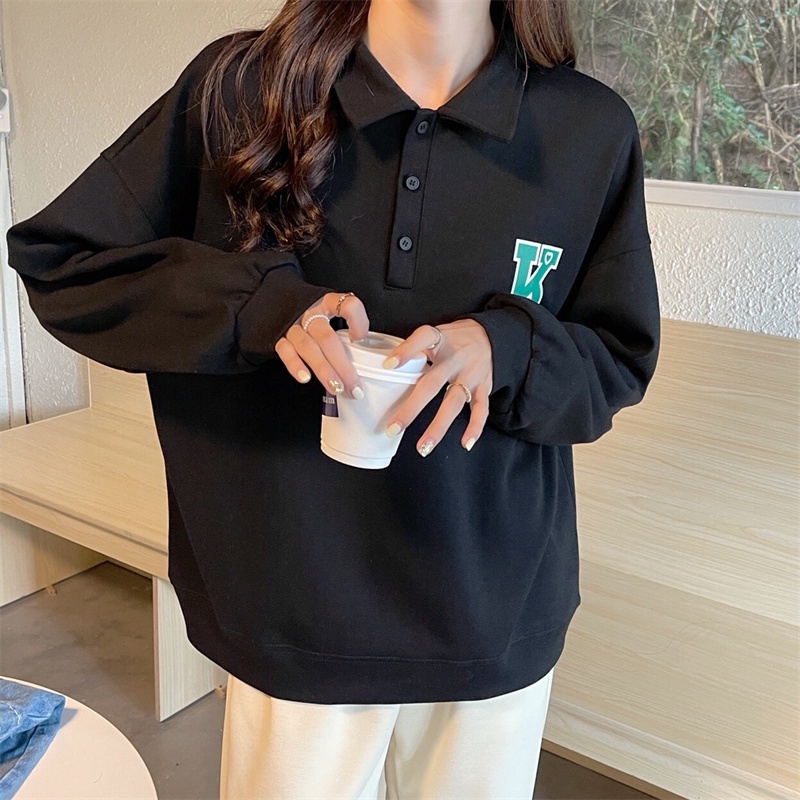 SUXI Áo sweater tay dài dáng rộng cổ bẻ phong cách Hàn Quốc trẻ trung năng động cho nữ