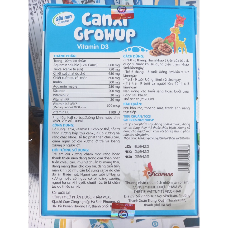 Siro ống CANXI GROWUP bổ sung canxi, vitamin D3,vitaminB6, PP và vitamin K2-MK7 cho bé - Hộp 20 ống