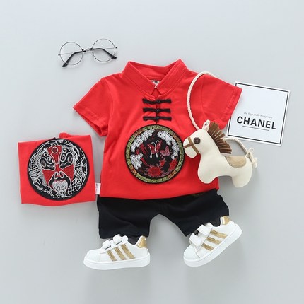 [NHẬP KIDTET hoàn 15% xu đơn 150k] Set áo thun tay ngắn và quần họa tiết phong cách Trung Quốc độc đáo cho bé trai