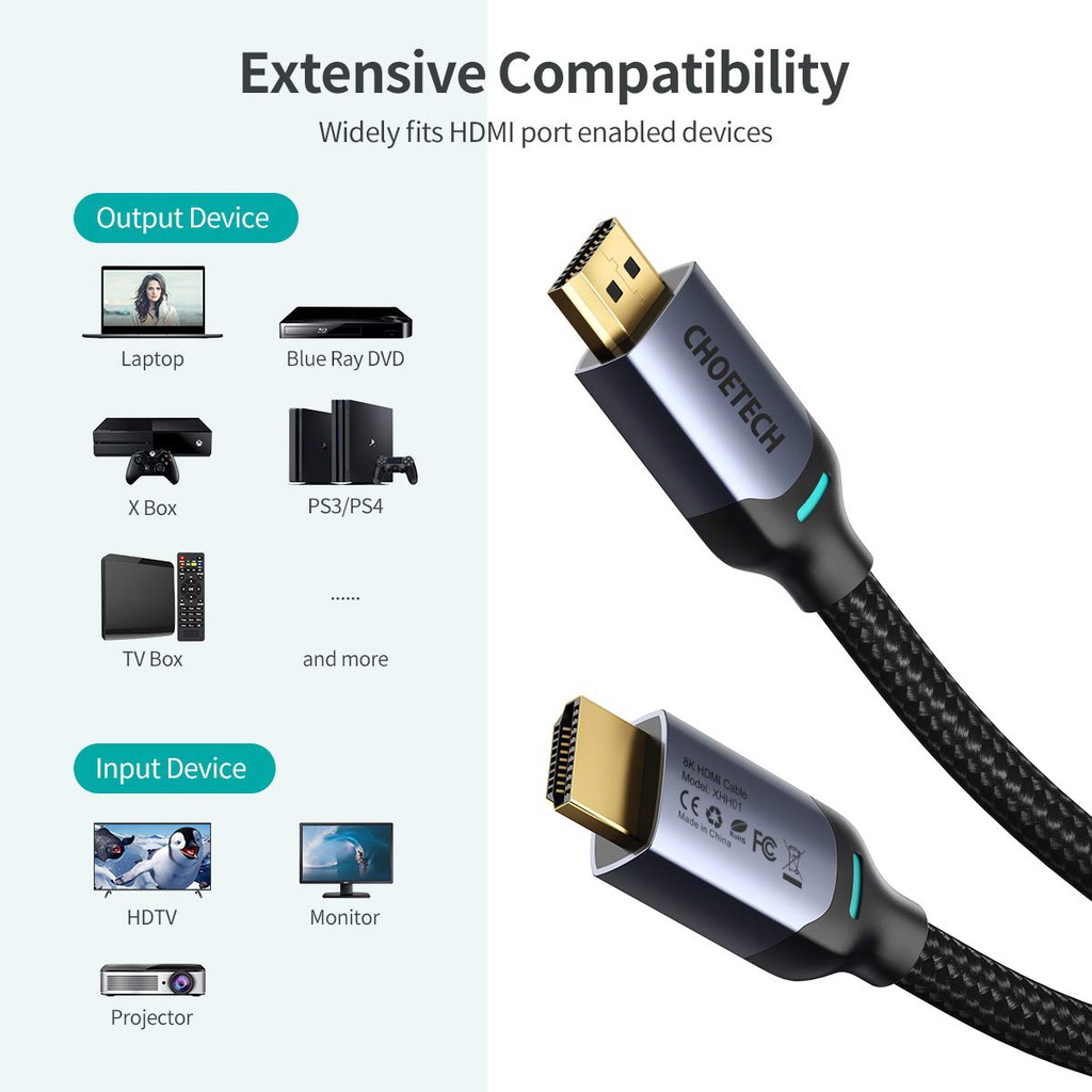 Dây Cáp Dù Lõi HDMI 2.1 8K 48Gbps,4K 120Hz Dài 2M CHOETECH XHH01 Dùng Cho Tivi/ Máy Tính/ Playstaysion - Hàng Chính Hãng