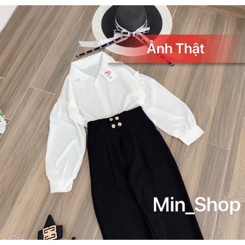 [Video+ Ảnh thật] Set Quần Baggy Cạp Cao Sơ Mi Trắng
