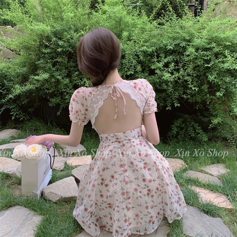 Váy hoa nhí viền ren hở lưng có đệm ngực 2 lớp Đầm nữ dáng ngắn xuân hè 2023