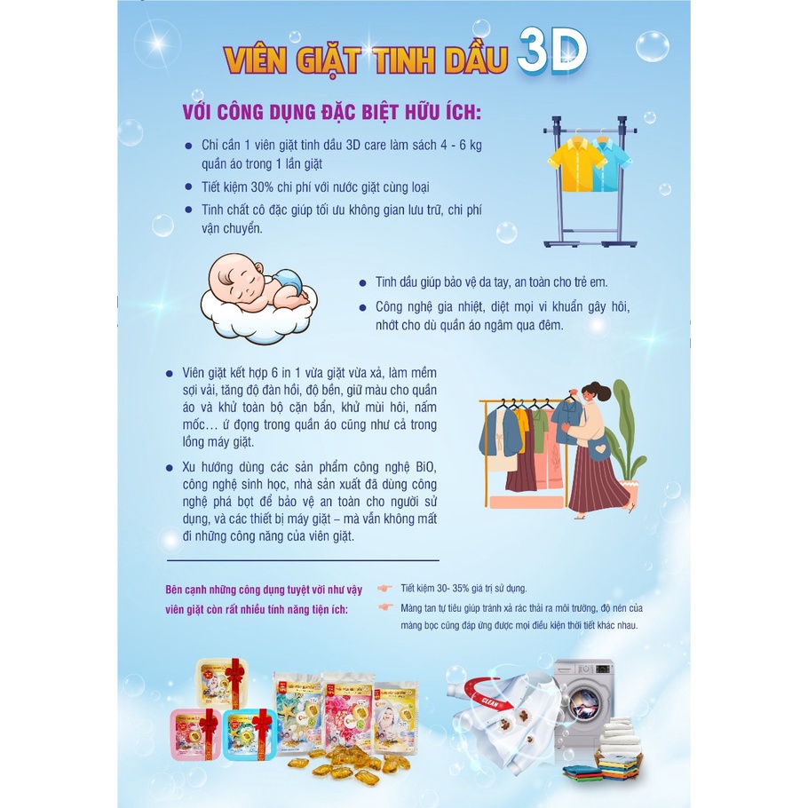 Viên Giặt Tinh Dầu 3D Cao Cấp Care - Thơm Lâu Cả Tuần, Dùng Cho Máy Giặt và Giặt Tay