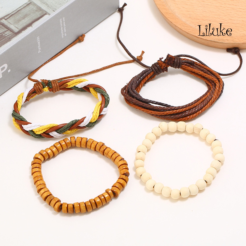 Bộ 4 Vòng Tay Dây Bện Giả Da Trang Trí Hạt Gỗ Phong Cách Cổ Điển Cho Nữ