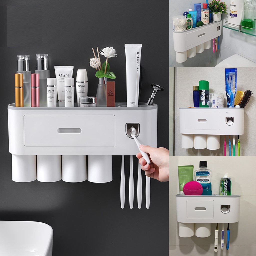 Bộ sản phẩm kệ dán phòng tắm I 2, 3 , 4 cốc Trắng kết hợp nhả kem đánh răng tiện lợi, sạch sẽ màu trắng xám