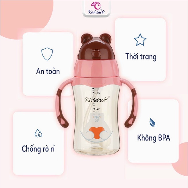 Bình Sữa Cho Bé + Đầu Tập Uống Nước, Nhựa Trita Cao Cấp KICHI Dung Tích 240ml, Nắp Bật Hình Gấu