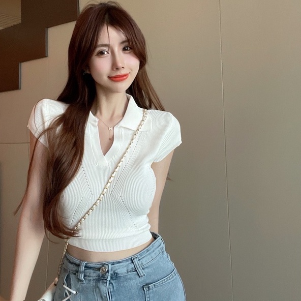 Áo thun polo dệt kim ZHELIHANGFEI ngắn tay lưng cao thời trang