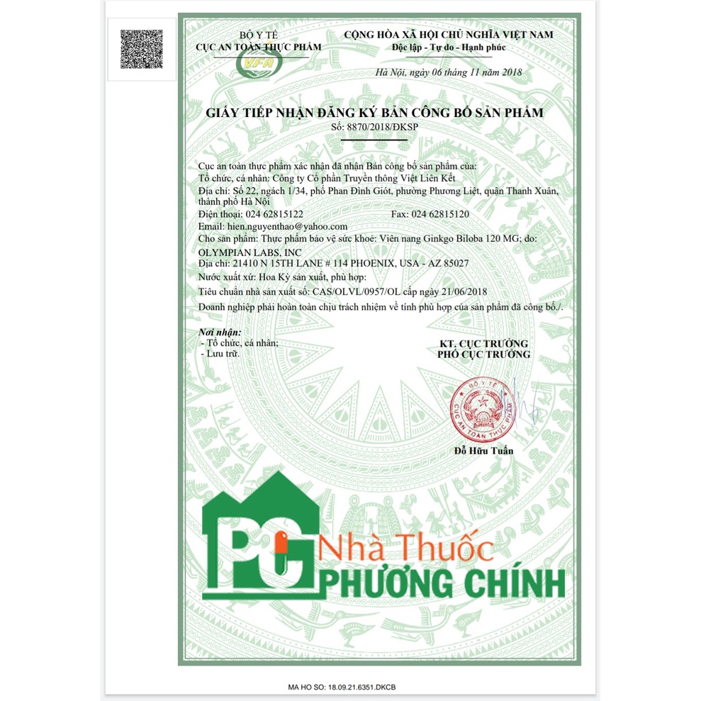 Viên Uống Bổ Não Ginkgo Biloba Olympian Labs - Giúp Cải Thiện Tuần Hoàn Máu Não, Giảm Hoa Mắt, Chóng Mặt, Đau Đầu