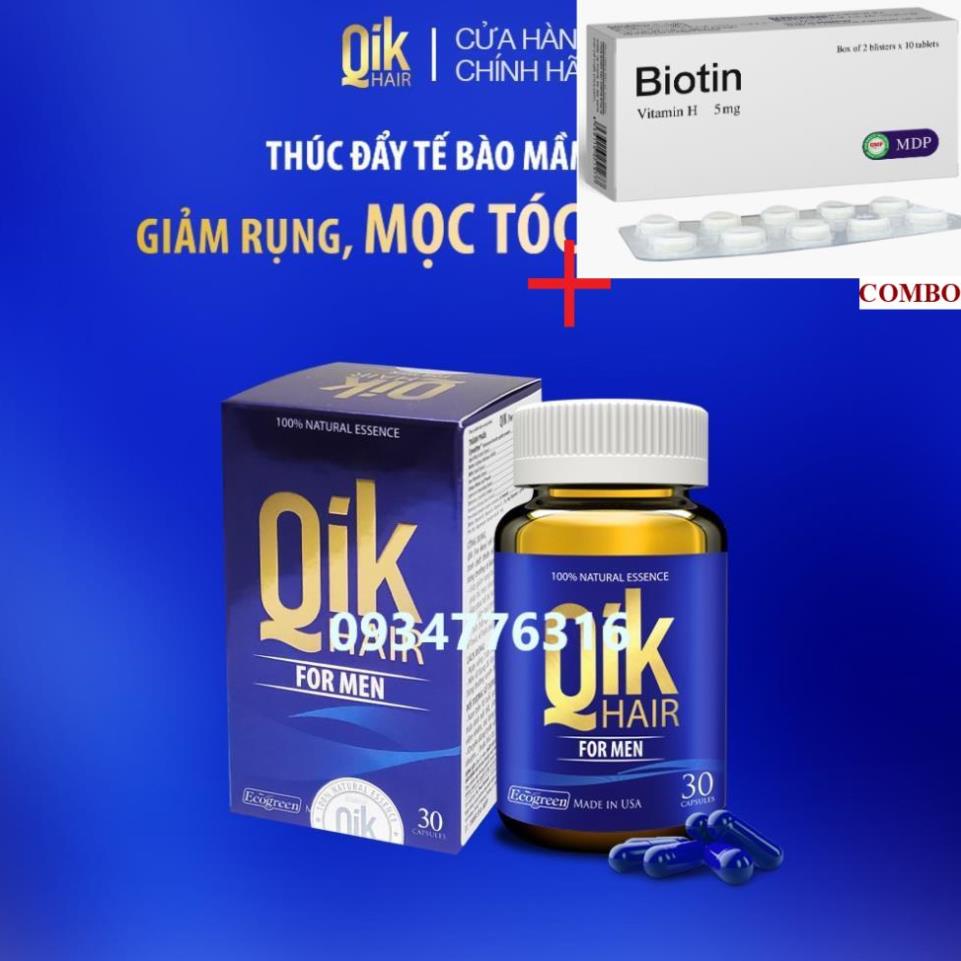 Combo Biotin 5mg+ Viên uống QIK HAIR (cho Nam) giảm rụng, mọc tóc chắc khỏe (30 viên)