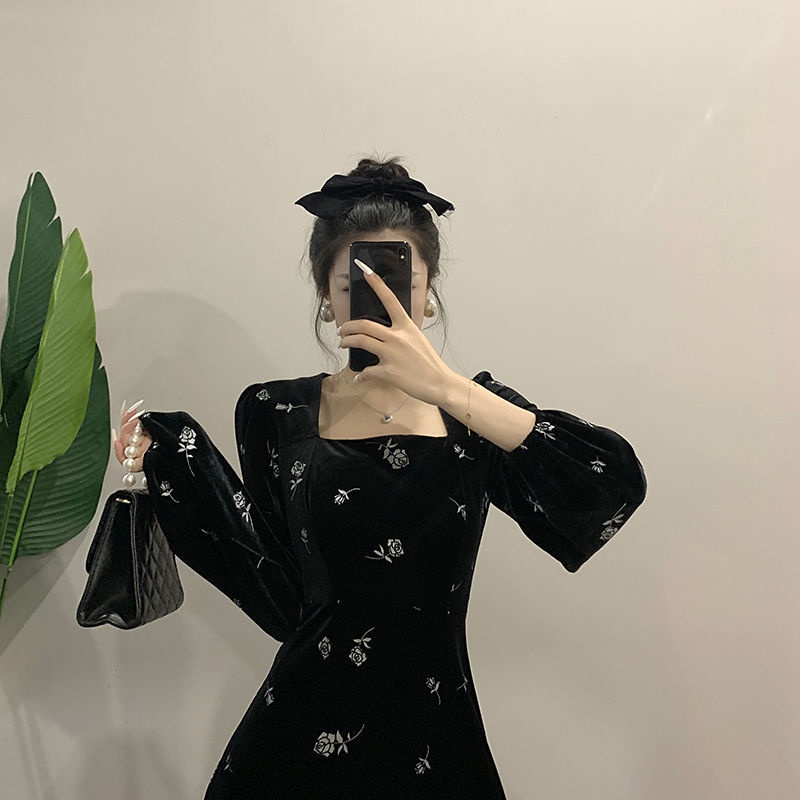 Bán Chạy!F &amp; X Đầm Nhung Dài Tay In Họa Tiết Phong Cách Mori Nhẹ Nhàng Thanh Lịch Dành Cho Nữ