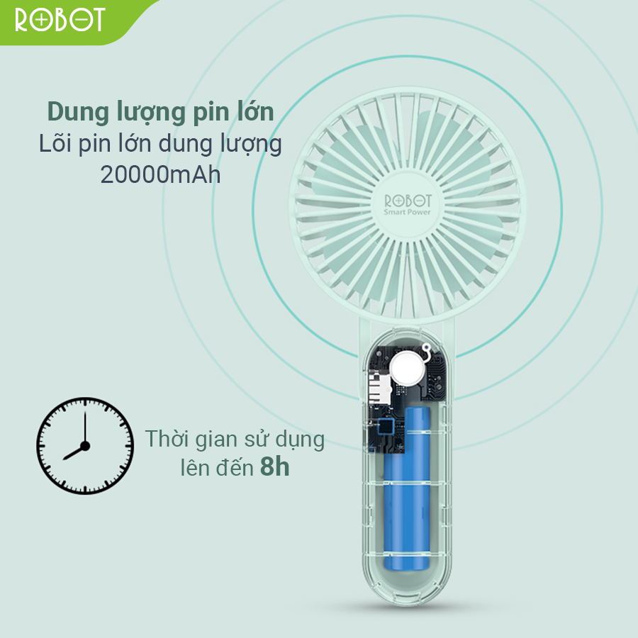 Quạt mini Robot BF11 cầm tay để bàn kim pin sạc dự phòng dung lượng pin 2000mah thời gian quạt 8 tiếng - Hàng Chính Hãng