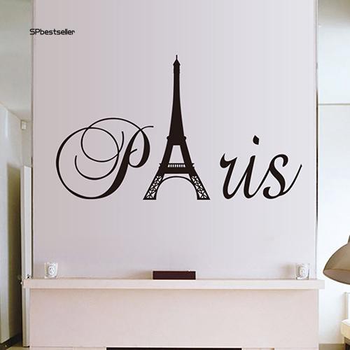 Miếng dán trang trí tường hình tháp Eiffel kèm chữ chất liệu PVC kích thước 49.5x32.5cm