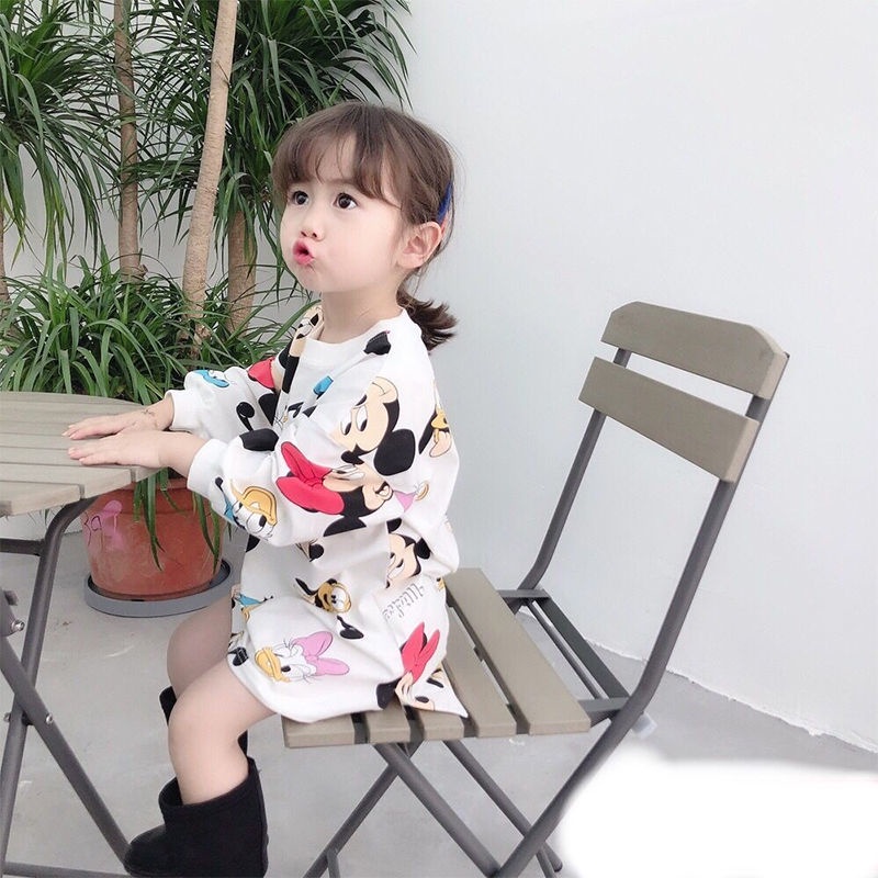 Đầm Thun Cotton Tay Dài In Hình Chuột Mickey Kiểu Mới Cho Nữ