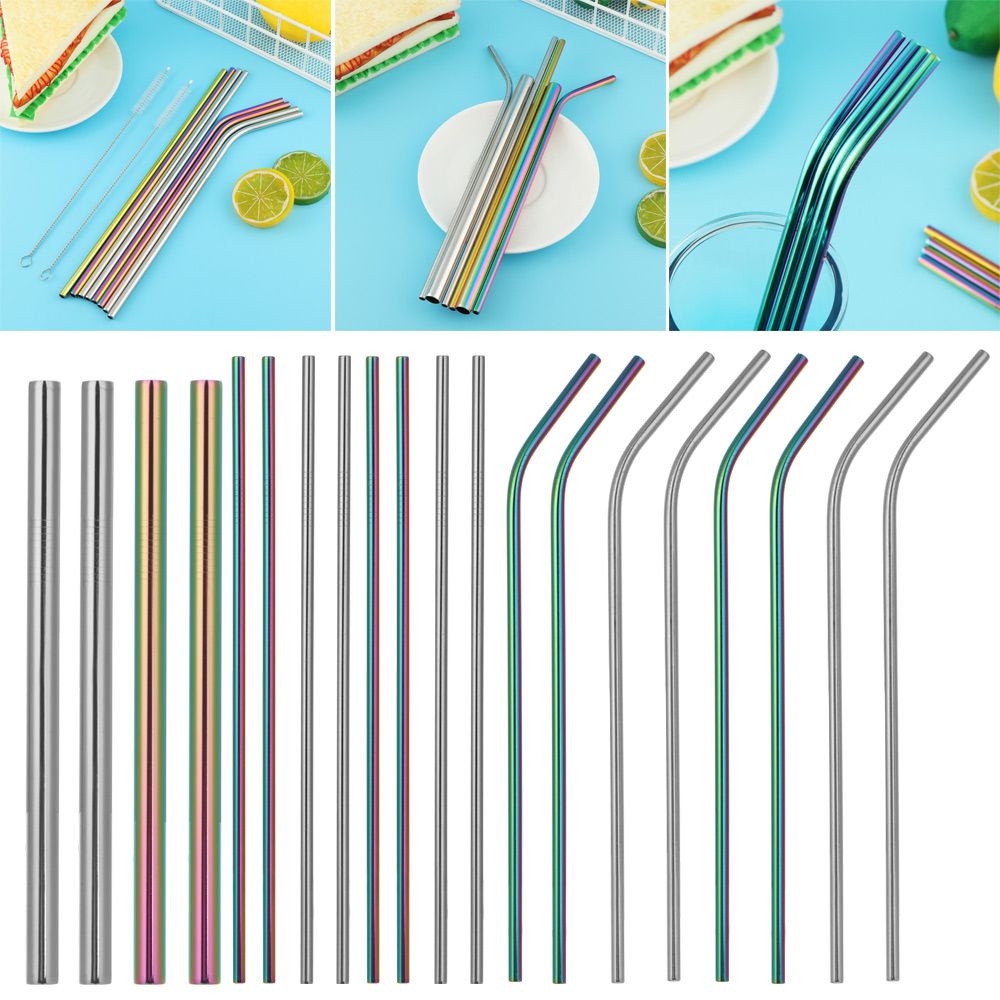 Set 4/6/8 Ống Hút Bằng Thép Không Gỉ Có Thể Tái Sử Dụng Kèm Cọ Vệ Sinh