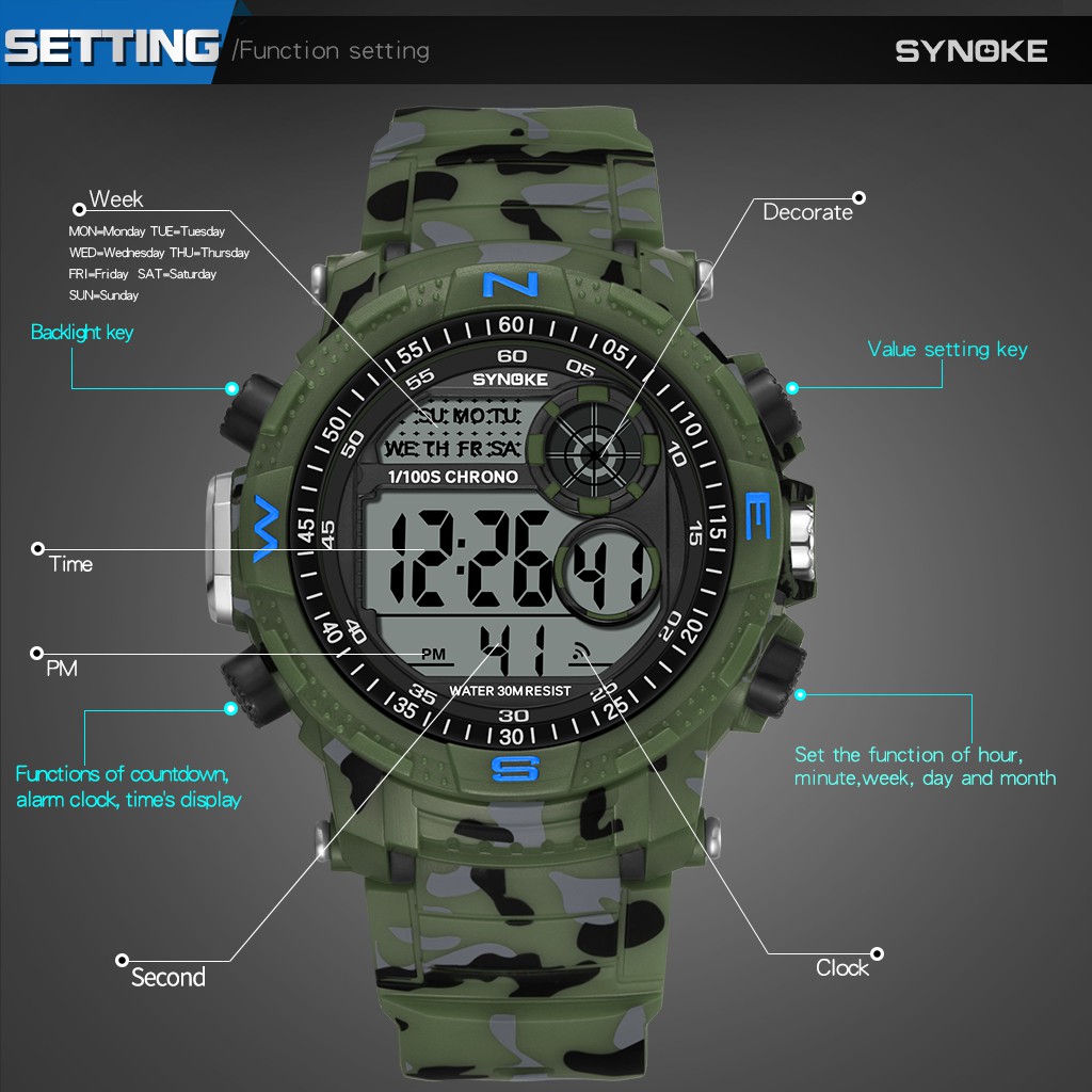 Đồng hồ điện tử thể thao thời trang trang nam cá tính dây nhựa cao cấp SYNOKE PKHRSNK013 (53 mm) | BigBuy360 - bigbuy360.vn