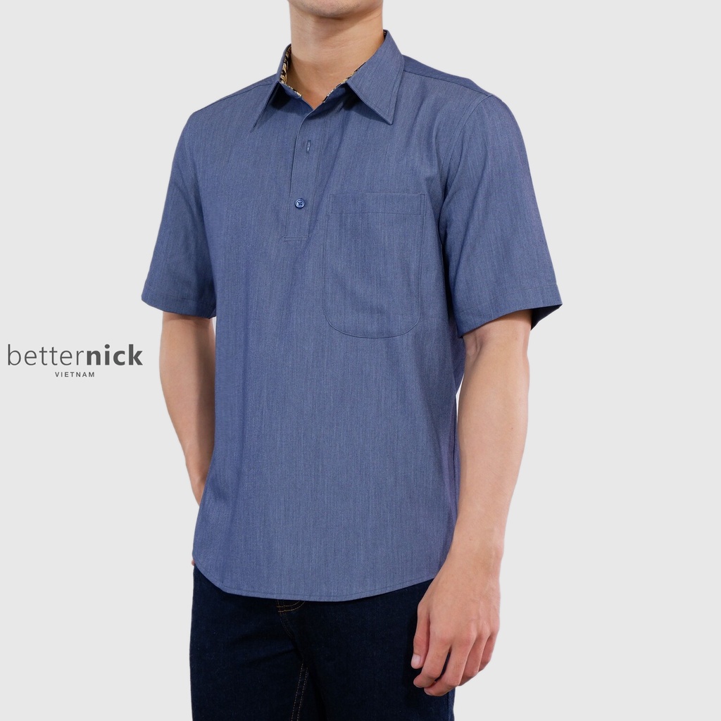Áo sơ mi nam ngắn tay betterNICK màu xanh đen, cổ phối hoa làm điểm nhấn, sơmi công sở hoặc đi dạo