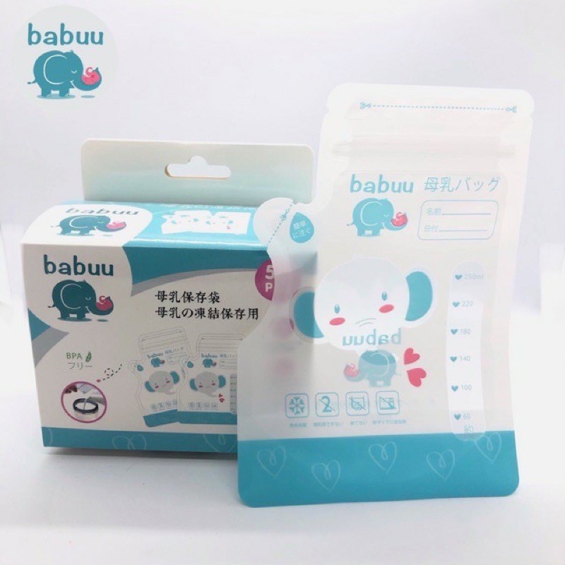 Hộp 50 túi trữ sữa có vòi 250ml Babuu Nhật Bản hình Voi có vòi rót tiện lợi