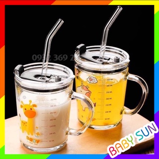 Cốc pha sữa thủy tinh có chia vạch kèm ống hút cho Bé 350ml.