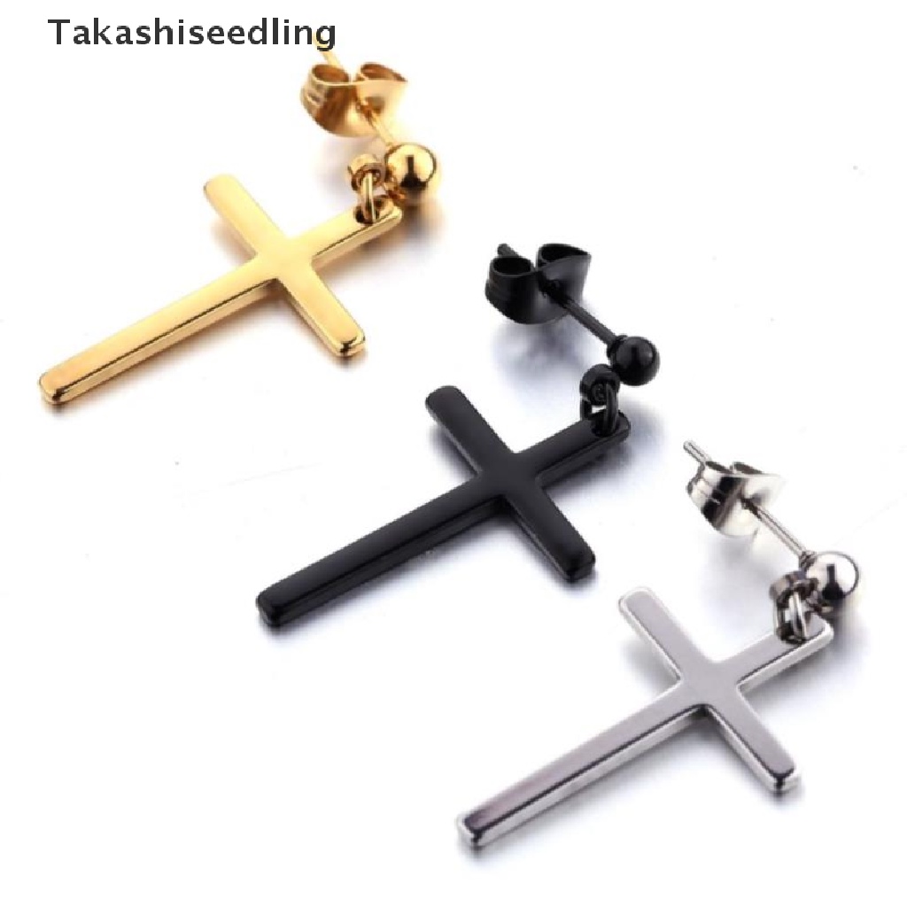 (Takashiseedling) Cặp Khuyên Tai Dáng Dài Mặt Thánh Giá Màu Đen Phong Cách Punk Thời Trang Dành Cho Nam Và Nữ