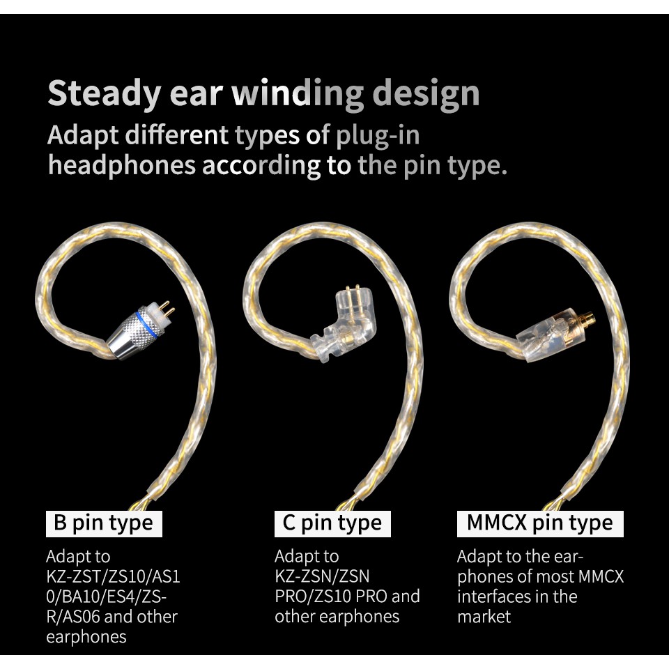 Dây cáp tai nghe nâng cấp KZ mạ vàng/ bạc cho tai nghe chính hãng Zs10 Pro Zsn Zs10 As10 As06 Zst Es4 Zsn Pro As16